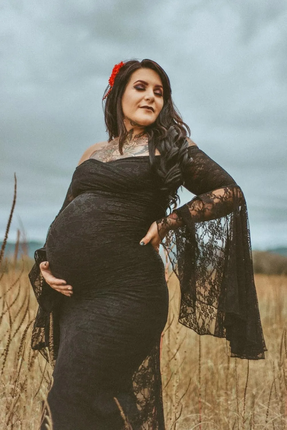 Saslax Off Shoulder Lace Maternity Dress for Photography Maxi Maternity Props Dresses for Photo Shoot Baby Shower