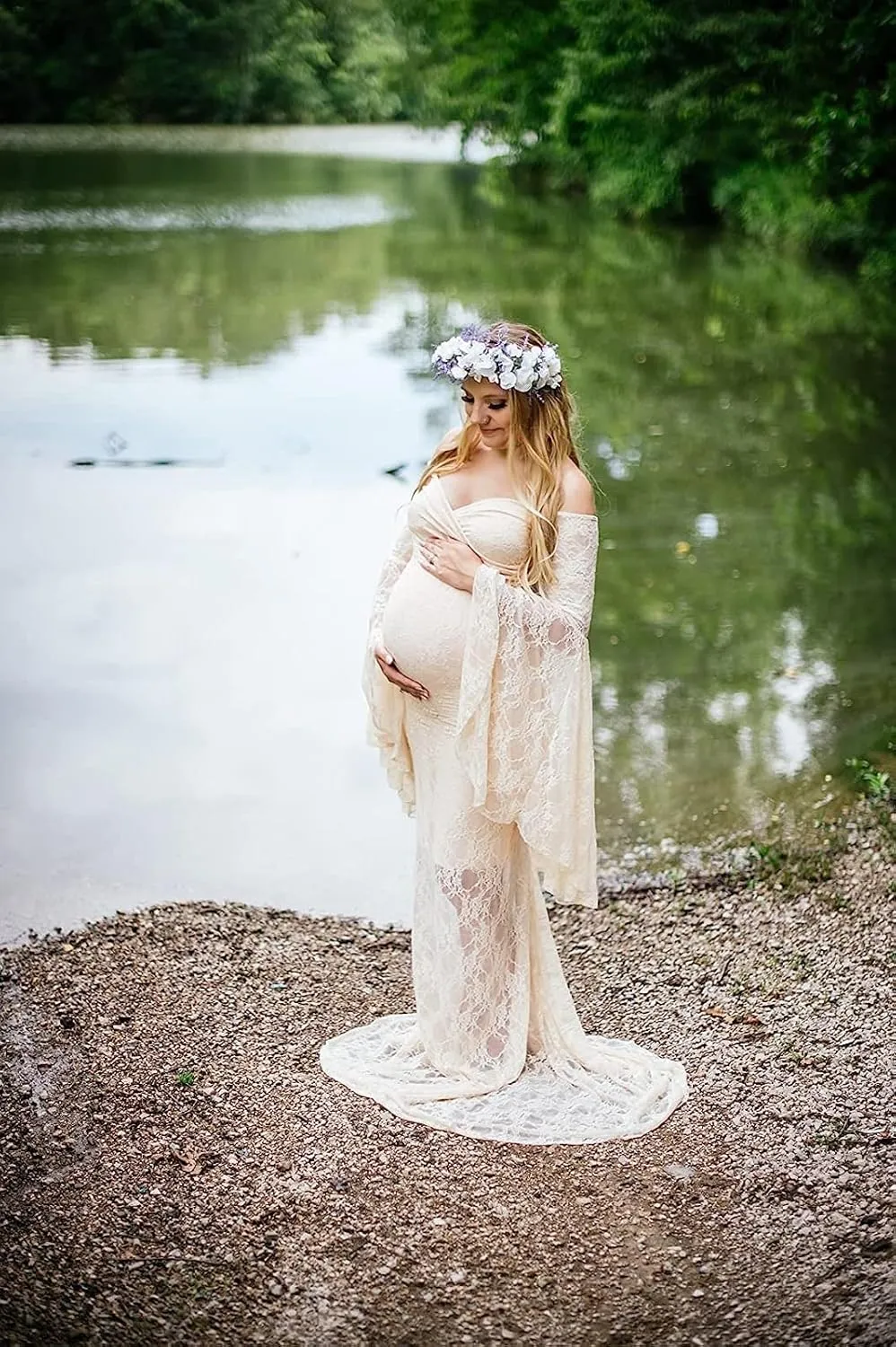 Saslax Off Shoulder Lace Maternity Dress for Photography Maxi Maternity Props Dresses for Photo Shoot Baby Shower