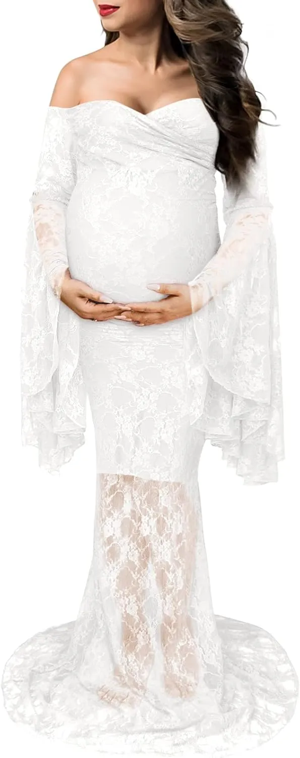 Saslax Off Shoulder Lace Maternity Dress for Photography Maxi Maternity Props Dresses for Photo Shoot Baby Shower
