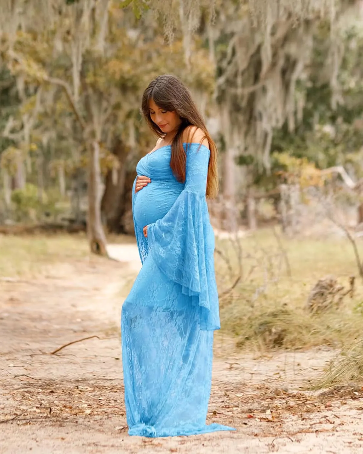 Saslax Off Shoulder Lace Maternity Dress for Photography Maxi Maternity Props Dresses for Photo Shoot Baby Shower