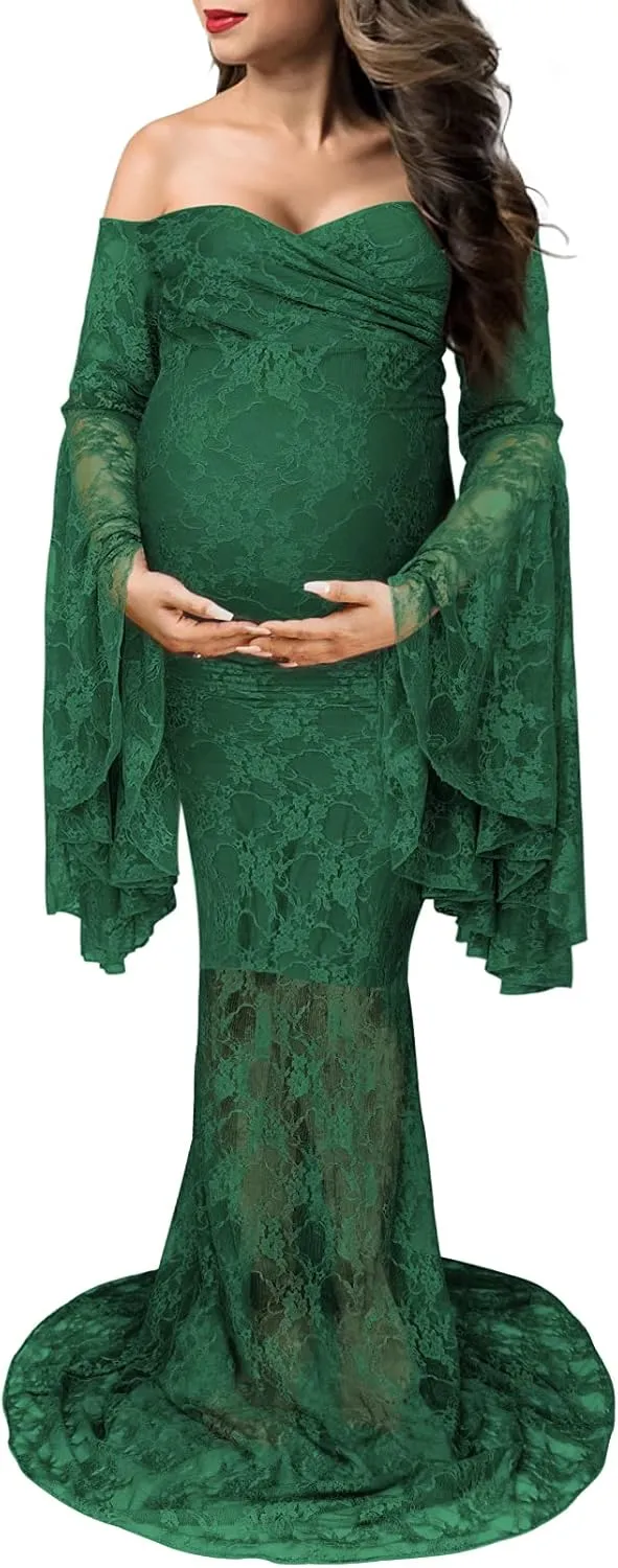 Saslax Off Shoulder Lace Maternity Dress for Photography Maxi Maternity Props Dresses for Photo Shoot Baby Shower