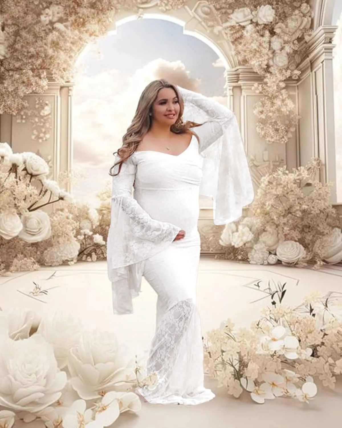 Saslax Off Shoulder Lace Maternity Dress for Photography Maxi Maternity Props Dresses for Photo Shoot Baby Shower