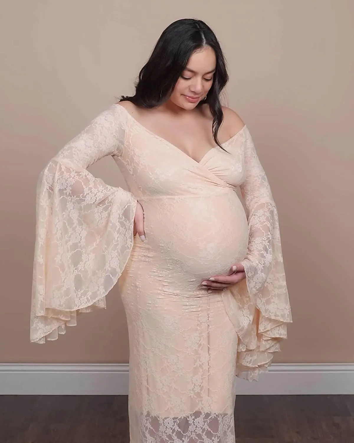 Saslax Off Shoulder Lace Maternity Dress for Photography Maxi Maternity Props Dresses for Photo Shoot Baby Shower