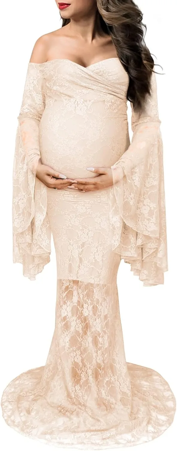 Saslax Off Shoulder Lace Maternity Dress for Photography Maxi Maternity Props Dresses for Photo Shoot Baby Shower