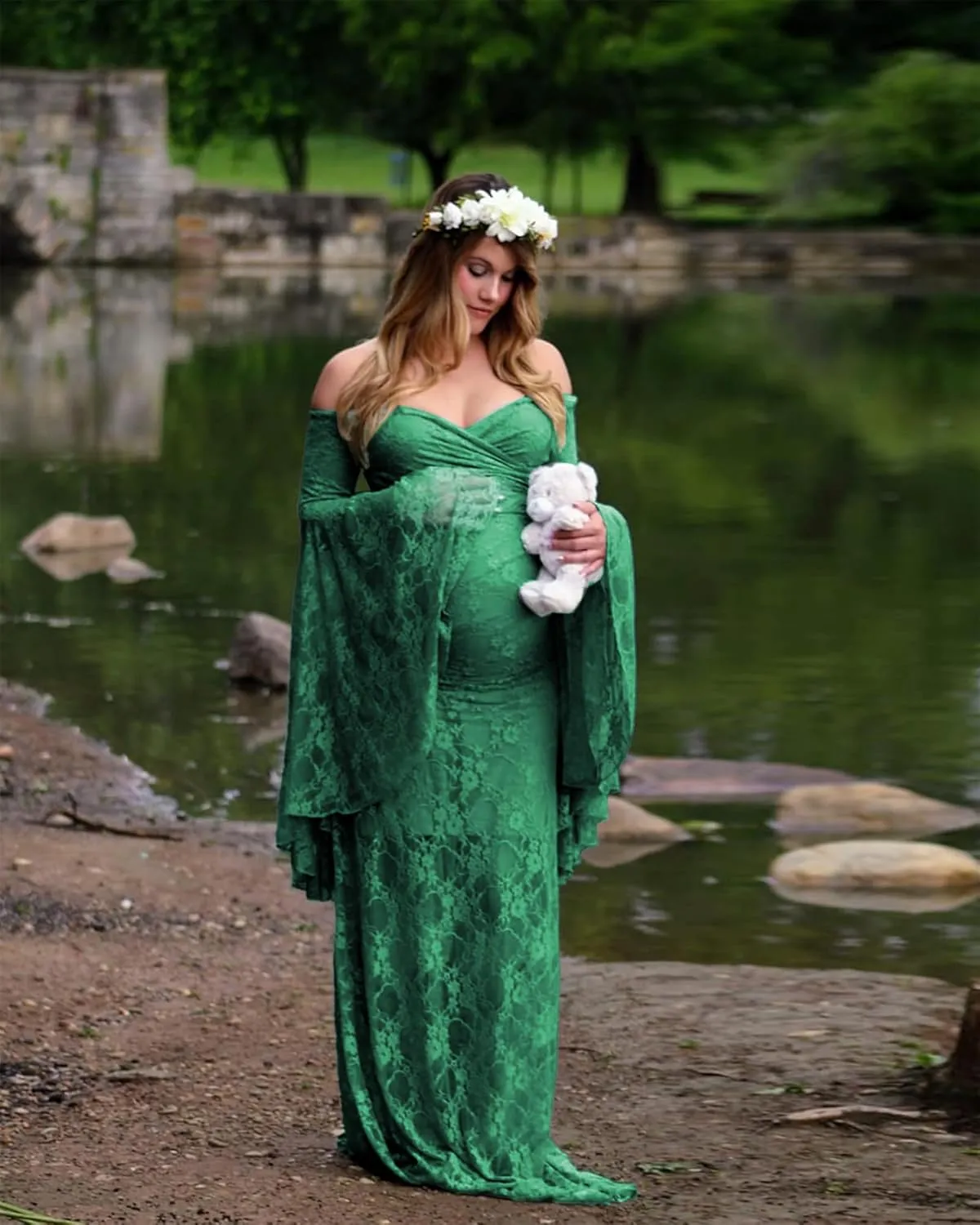 Saslax Off Shoulder Lace Maternity Dress for Photography Maxi Maternity Props Dresses for Photo Shoot Baby Shower
