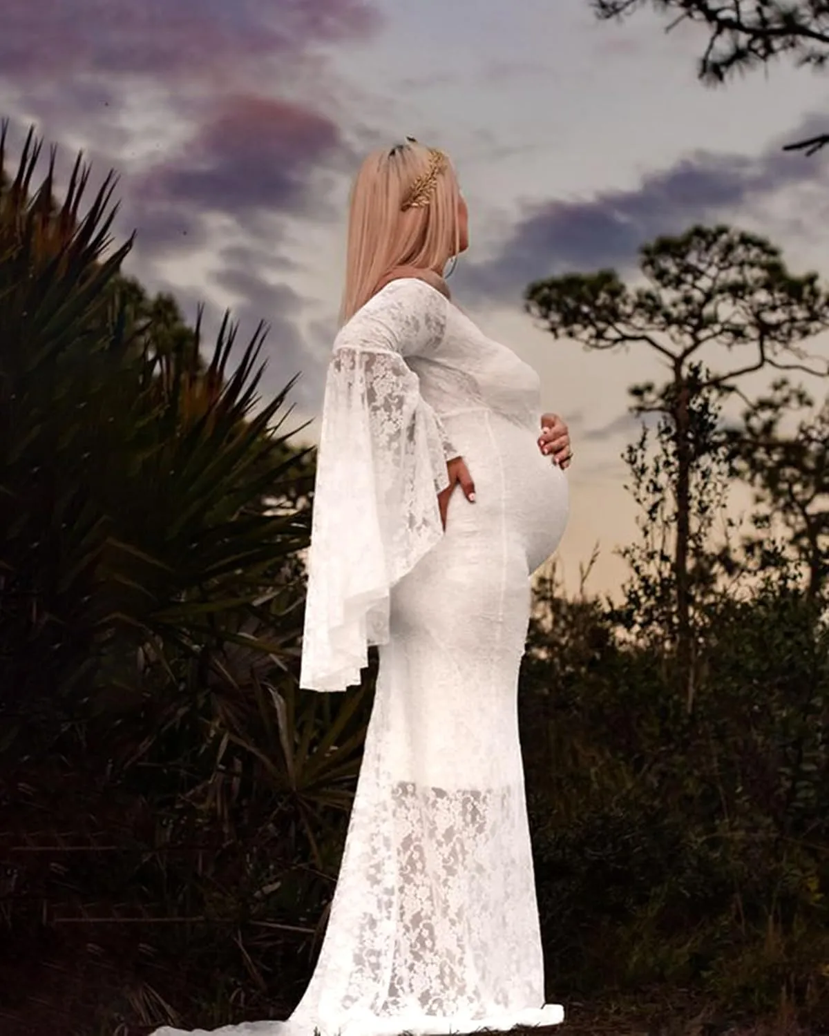 Saslax Off Shoulder Lace Maternity Dress for Photography Maxi Maternity Props Dresses for Photo Shoot Baby Shower
