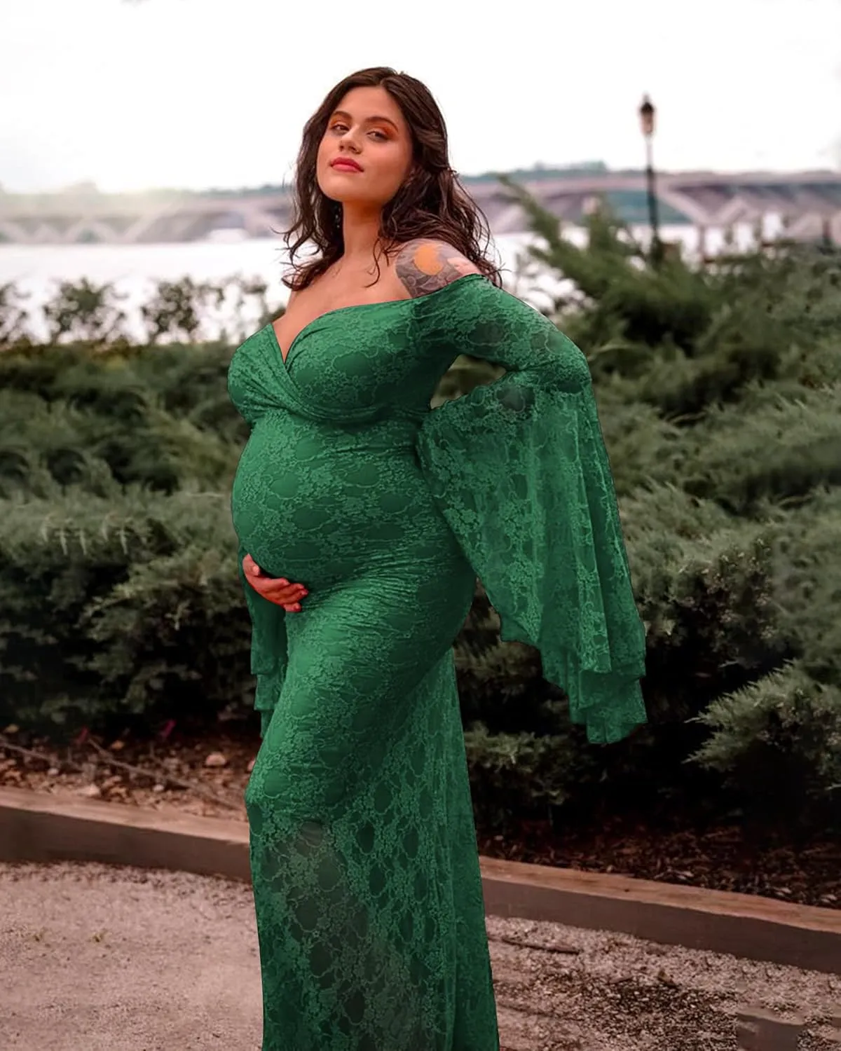 Saslax Off Shoulder Lace Maternity Dress for Photography Maxi Maternity Props Dresses for Photo Shoot Baby Shower