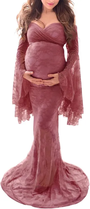 Saslax Off Shoulder Lace Maternity Dress for Photography Maxi Maternity Props Dresses for Photo Shoot Baby Shower