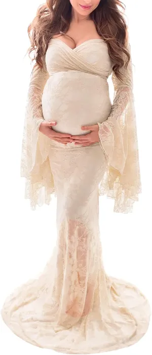 Saslax Off Shoulder Lace Maternity Dress for Photography Maxi Maternity Props Dresses for Photo Shoot Baby Shower