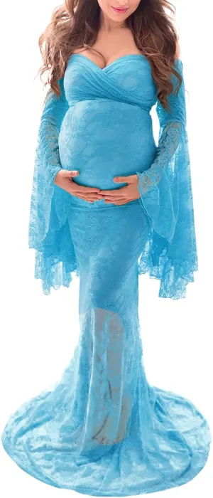 Saslax Off Shoulder Lace Maternity Dress for Photography Maxi Maternity Props Dresses for Photo Shoot Baby Shower