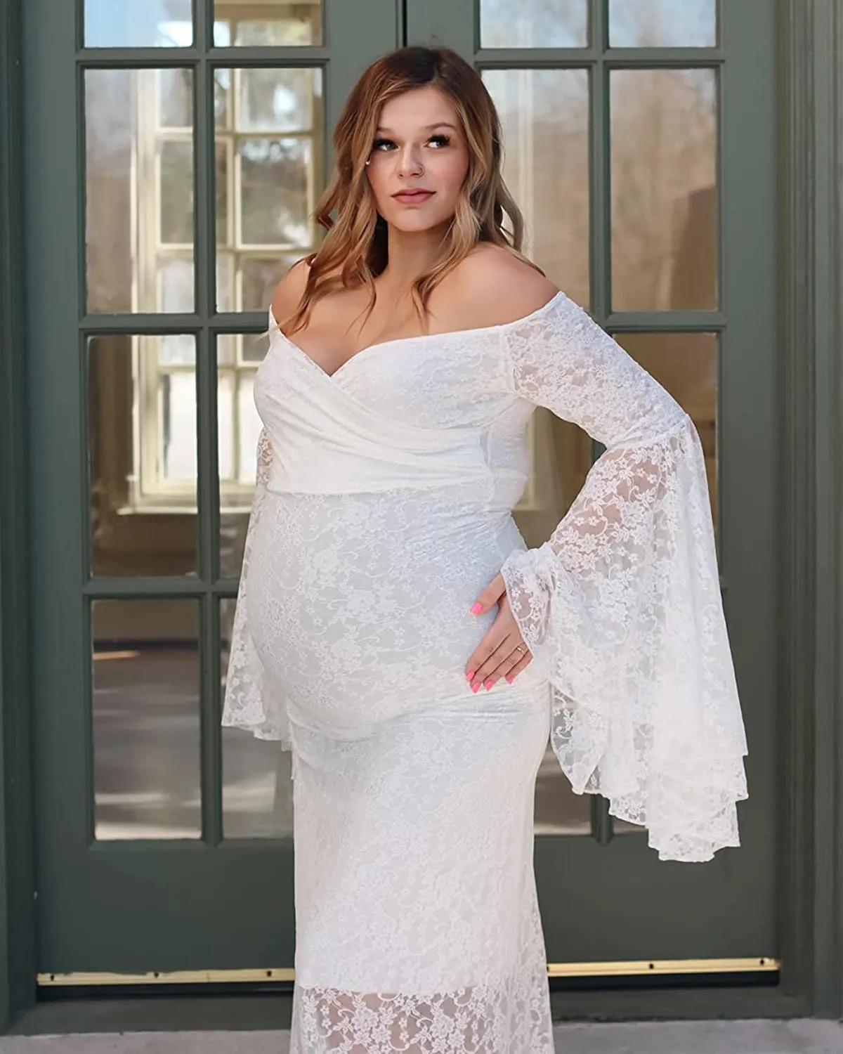 Saslax Off Shoulder Lace Maternity Dress for Photography Maxi Maternity Props Dresses for Photo Shoot Baby Shower