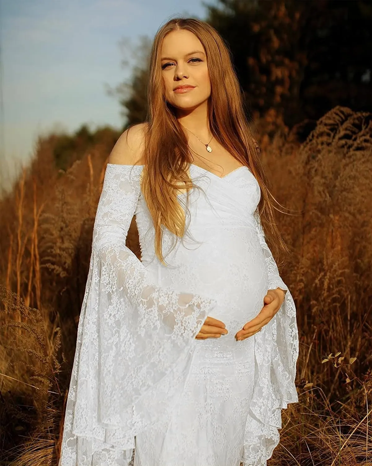 Saslax Off Shoulder Lace Maternity Dress for Photography Maxi Maternity Props Dresses for Photo Shoot Baby Shower