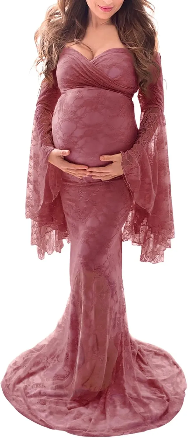 Saslax Off Shoulder Lace Maternity Dress for Photography Maxi Maternity Props Dresses for Photo Shoot Baby Shower