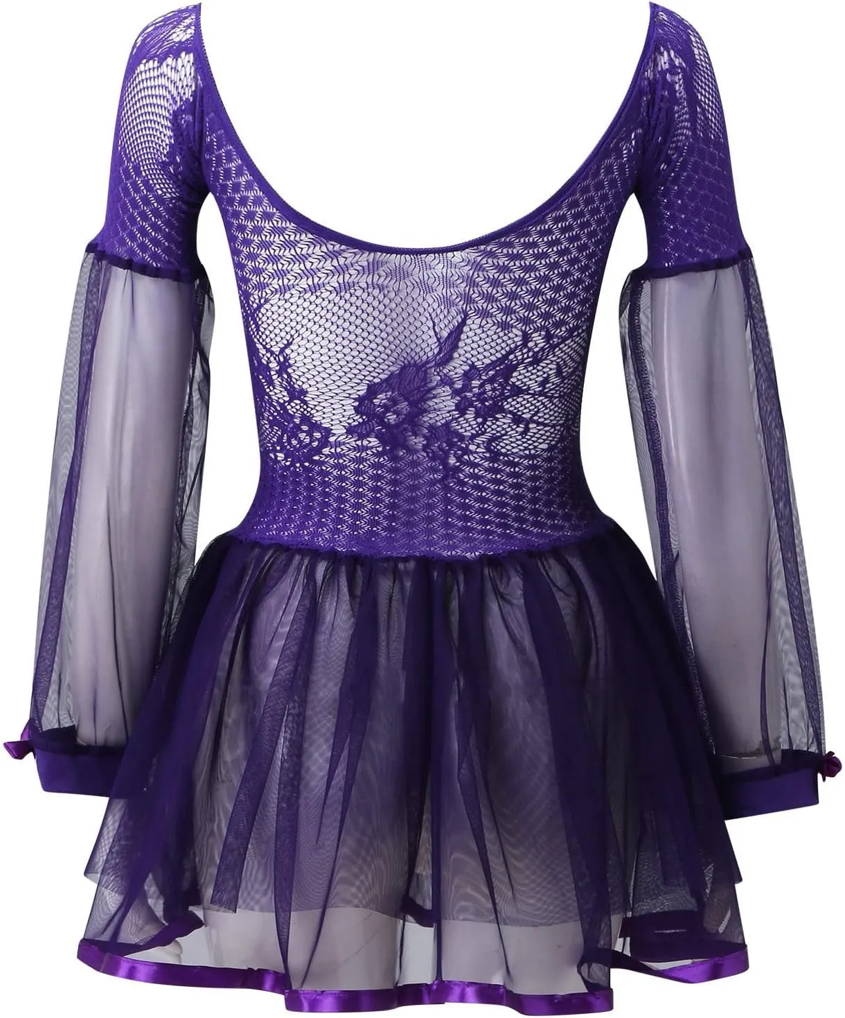 Sexy Fishnet Bodysuit for Women One Piece Off Shoulder Mini Dress Sheer Mesh Lace Lingerie Long Sleeve Ruffled Skirt