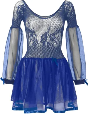 Sexy Fishnet Bodysuit for Women One Piece Off Shoulder Mini Dress Sheer Mesh Lace Lingerie Long Sleeve Ruffled Skirt