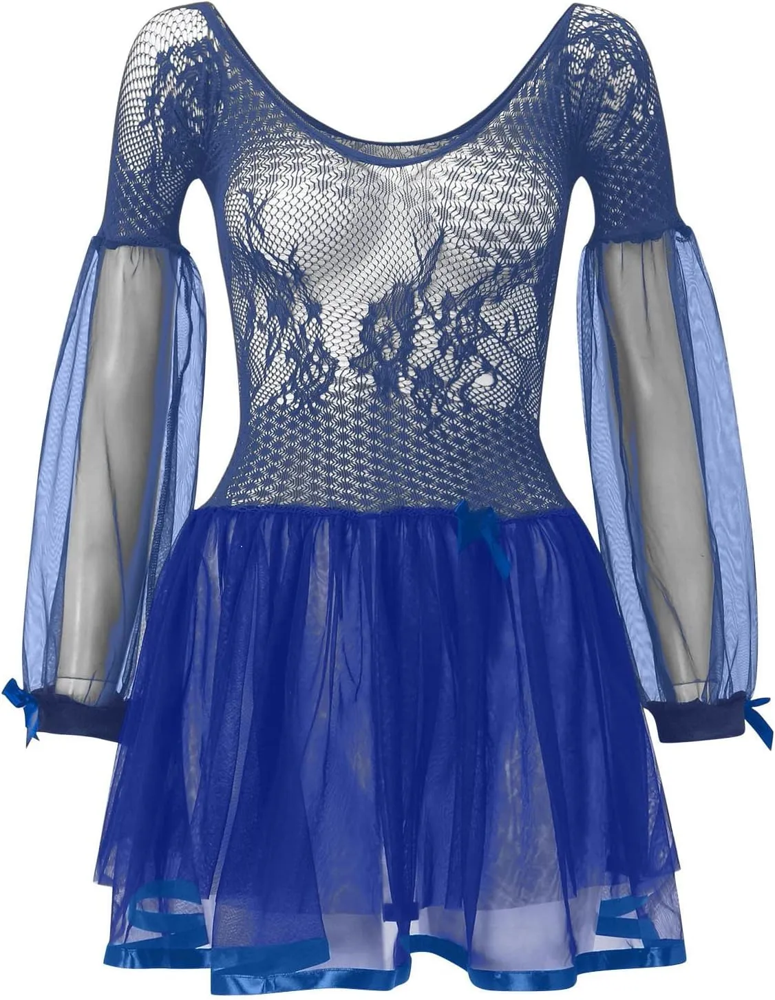 Sexy Fishnet Bodysuit for Women One Piece Off Shoulder Mini Dress Sheer Mesh Lace Lingerie Long Sleeve Ruffled Skirt