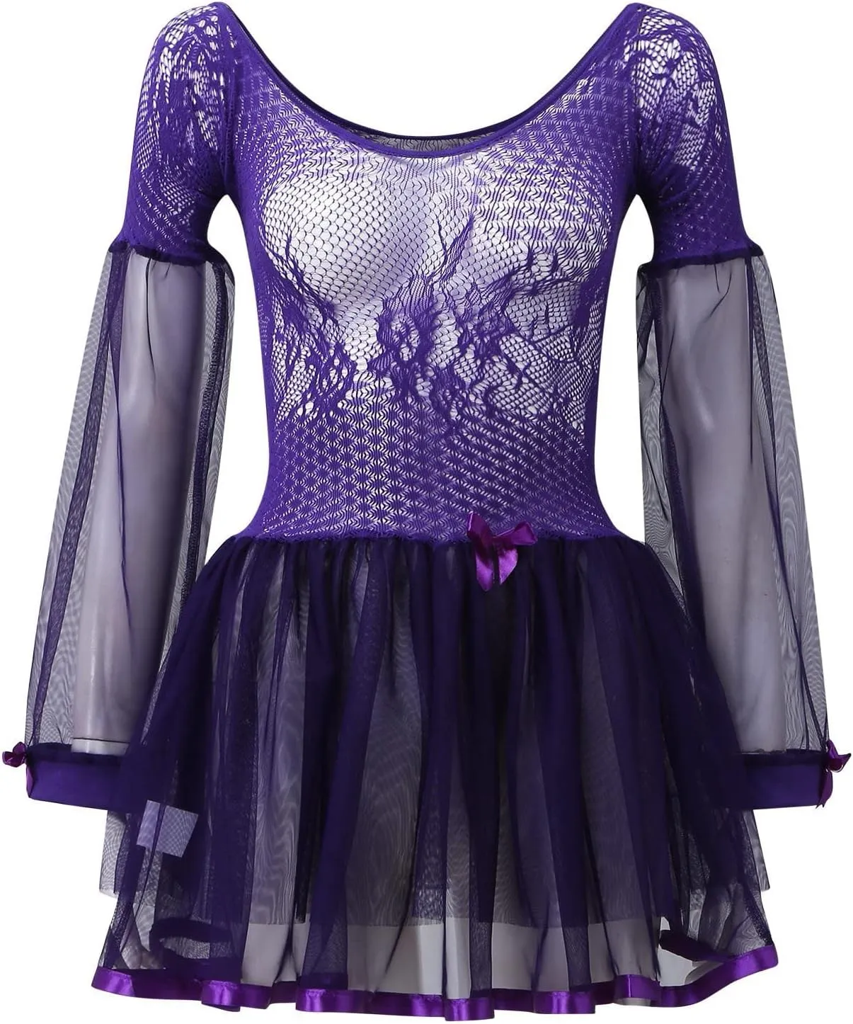 Sexy Fishnet Bodysuit for Women One Piece Off Shoulder Mini Dress Sheer Mesh Lace Lingerie Long Sleeve Ruffled Skirt