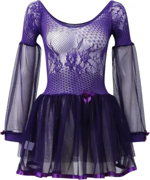 Sexy Fishnet Bodysuit for Women One Piece Off Shoulder Mini Dress Sheer Mesh Lace Lingerie Long Sleeve Ruffled Skirt