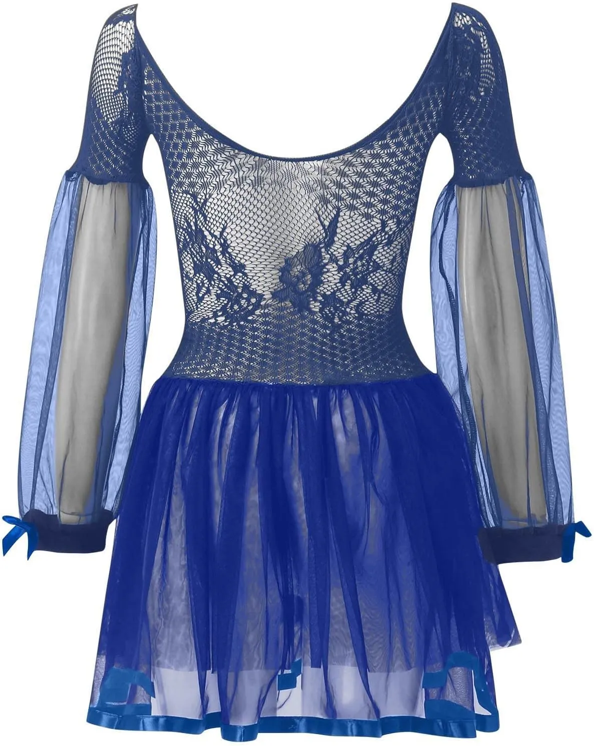 Sexy Fishnet Bodysuit for Women One Piece Off Shoulder Mini Dress Sheer Mesh Lace Lingerie Long Sleeve Ruffled Skirt