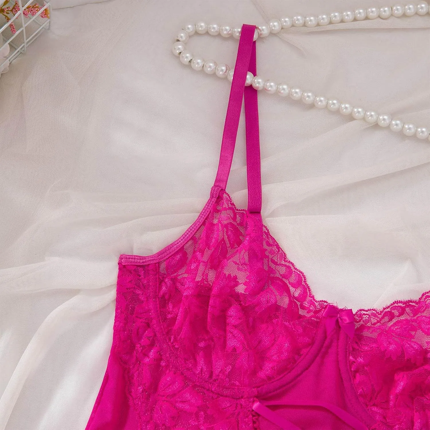 Sexy Lingerie Set for Women Lace Applique Bodysuits 2 Piece Nightdress and Thong Sets Strappy Lingerie Babydoll