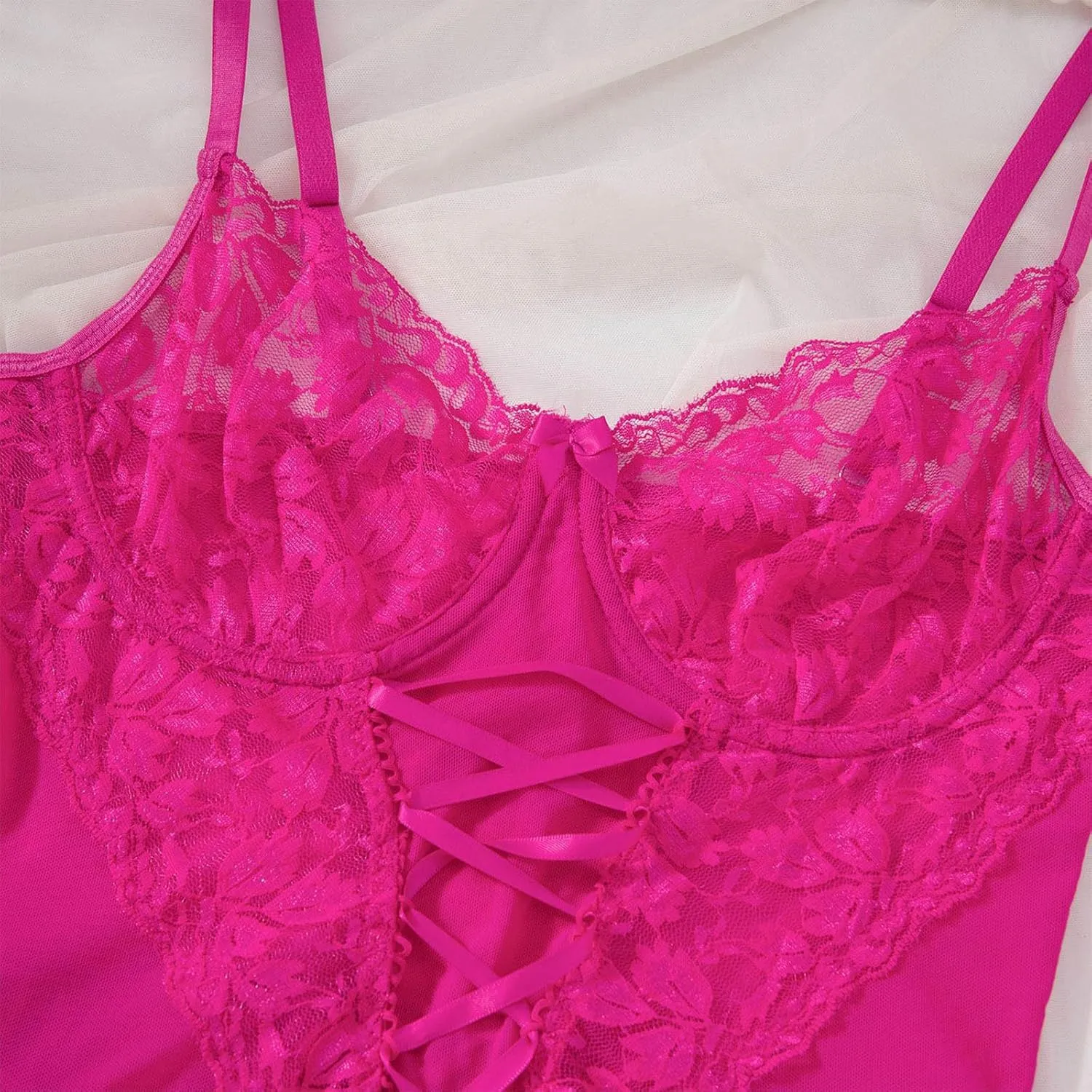 Sexy Lingerie Set for Women Lace Applique Bodysuits 2 Piece Nightdress and Thong Sets Strappy Lingerie Babydoll