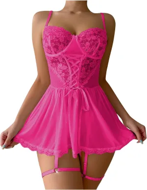 Sexy Lingerie Set for Women Lace Applique Bodysuits 2 Piece Nightdress and Thong Sets Strappy Lingerie Babydoll