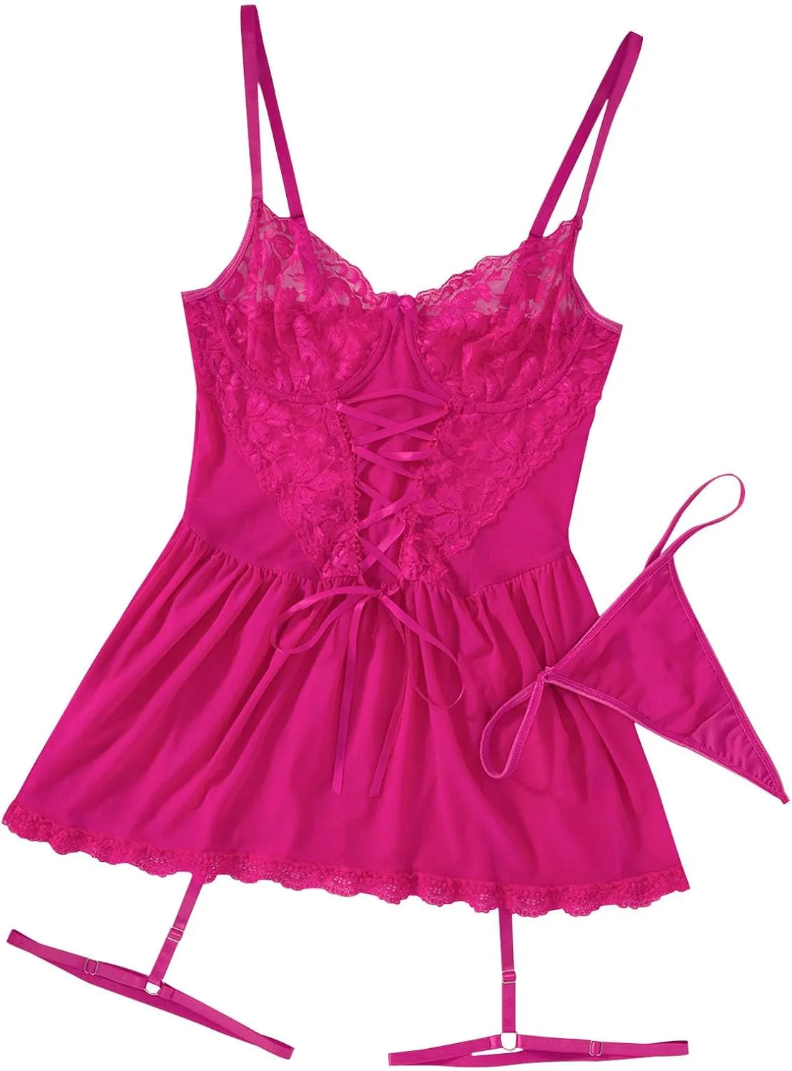 Sexy Lingerie Set for Women Lace Applique Bodysuits 2 Piece Nightdress and Thong Sets Strappy Lingerie Babydoll