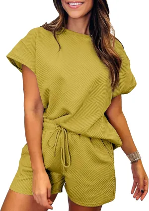 SHEWIN Women's 2 Piece Outfits Lounge Sets Casual Short Sleeve Shirts Shorts Cozy Pajamas Sweatsuit Set
