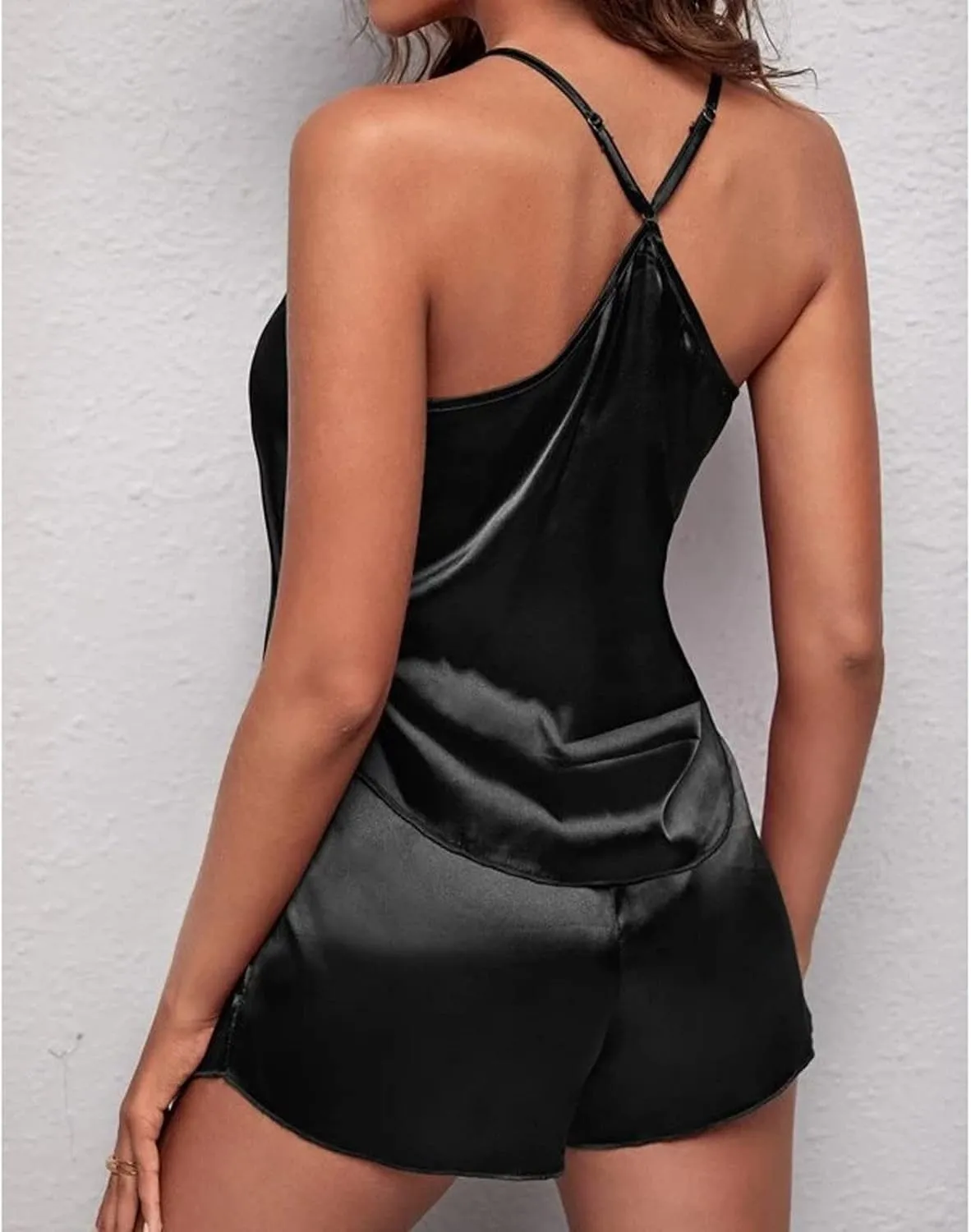 Silk Pajamas Set for Women,2pc Satin Camisole Soft Sleepwear Sexy Lounge Comfy Lingerie Crew Neck Top and Shorts Pjs