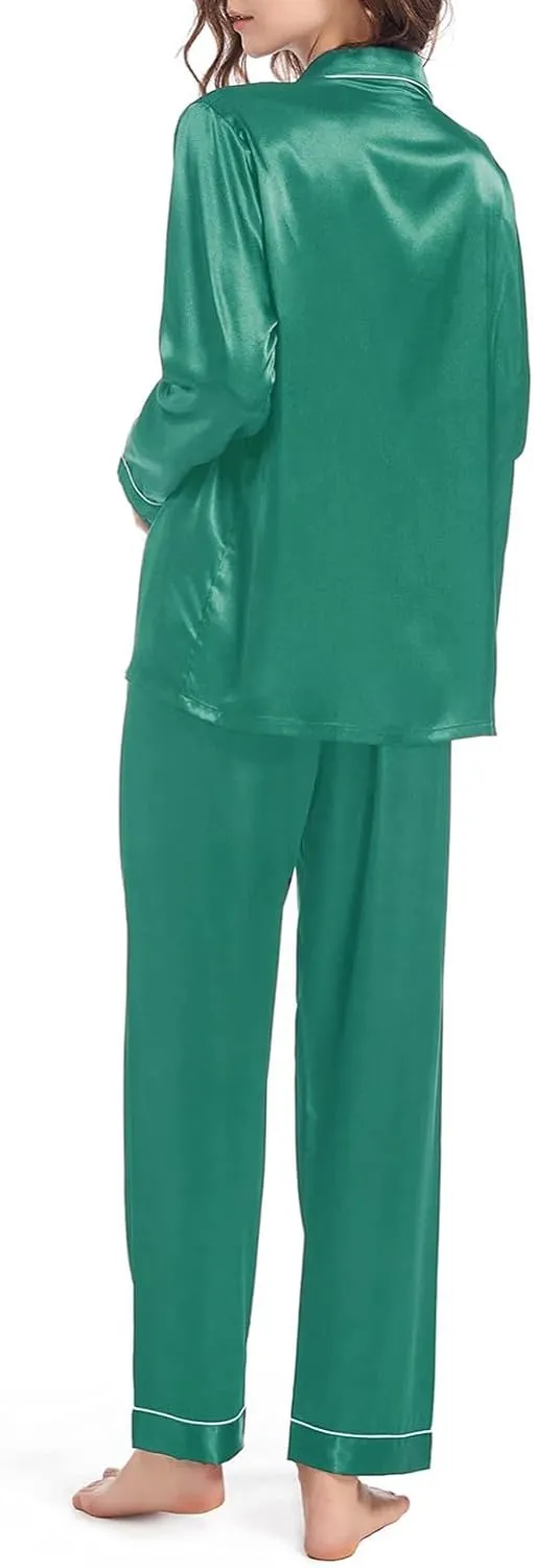 Silk Satin Pajama Sets Women Button Down ounge Sets 2 Piece Sets Silky Long Sleeve Pajama with Pockets Soft Long Pants
