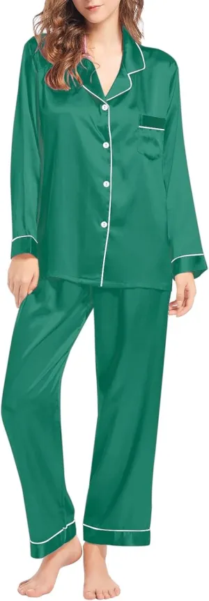 Silk Satin Pajama Sets Women Button Down ounge Sets 2 Piece Sets Silky Long Sleeve Pajama with Pockets Soft Long Pants