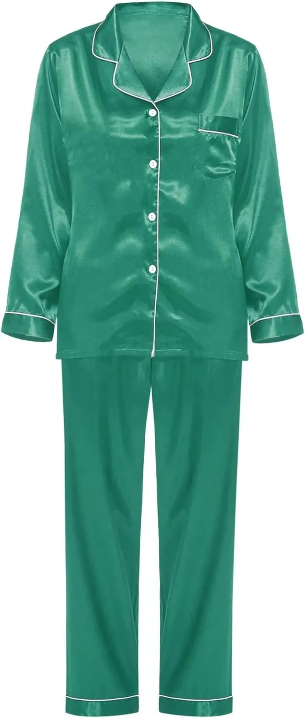 Silk Satin Pajama Sets Women Button Down ounge Sets 2 Piece Sets Silky Long Sleeve Pajama with Pockets Soft Long Pants