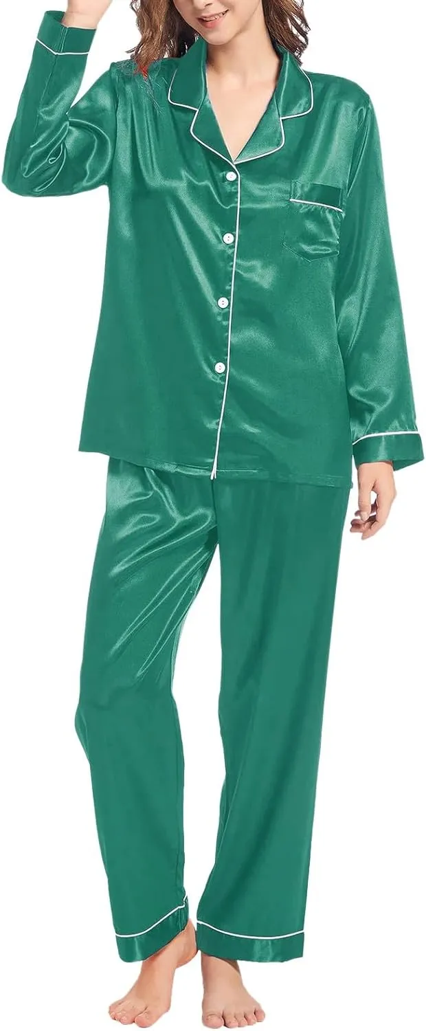 Silk Satin Pajama Sets Women Button Down ounge Sets 2 Piece Sets Silky Long Sleeve Pajama with Pockets Soft Long Pants