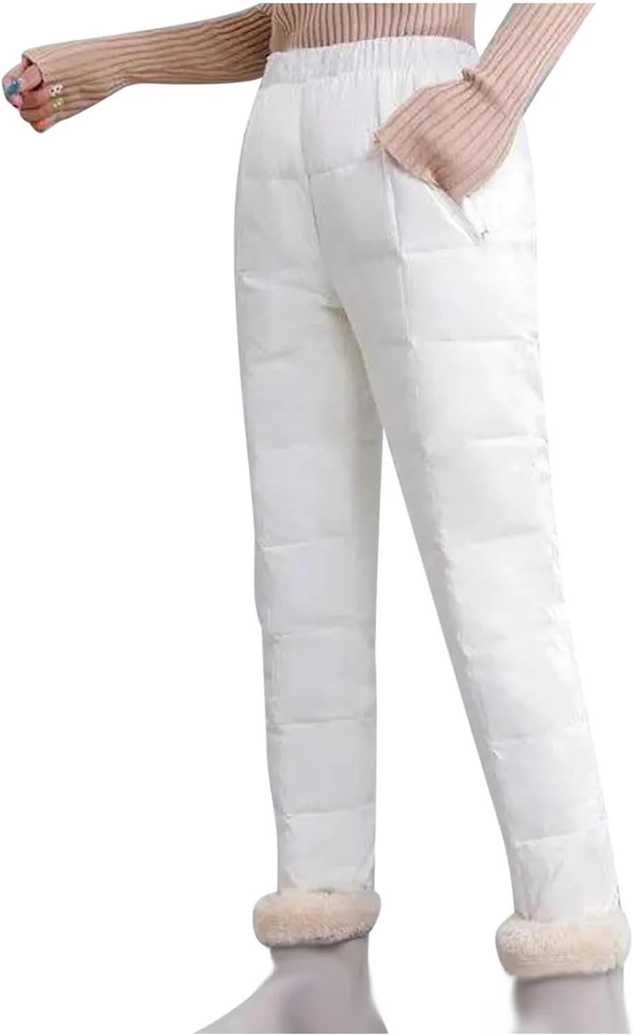 Snow Pants Womens Winter Ski Pants Thick Fleece Lined Joggers Quilted Down Puffer Trousers with Pockets