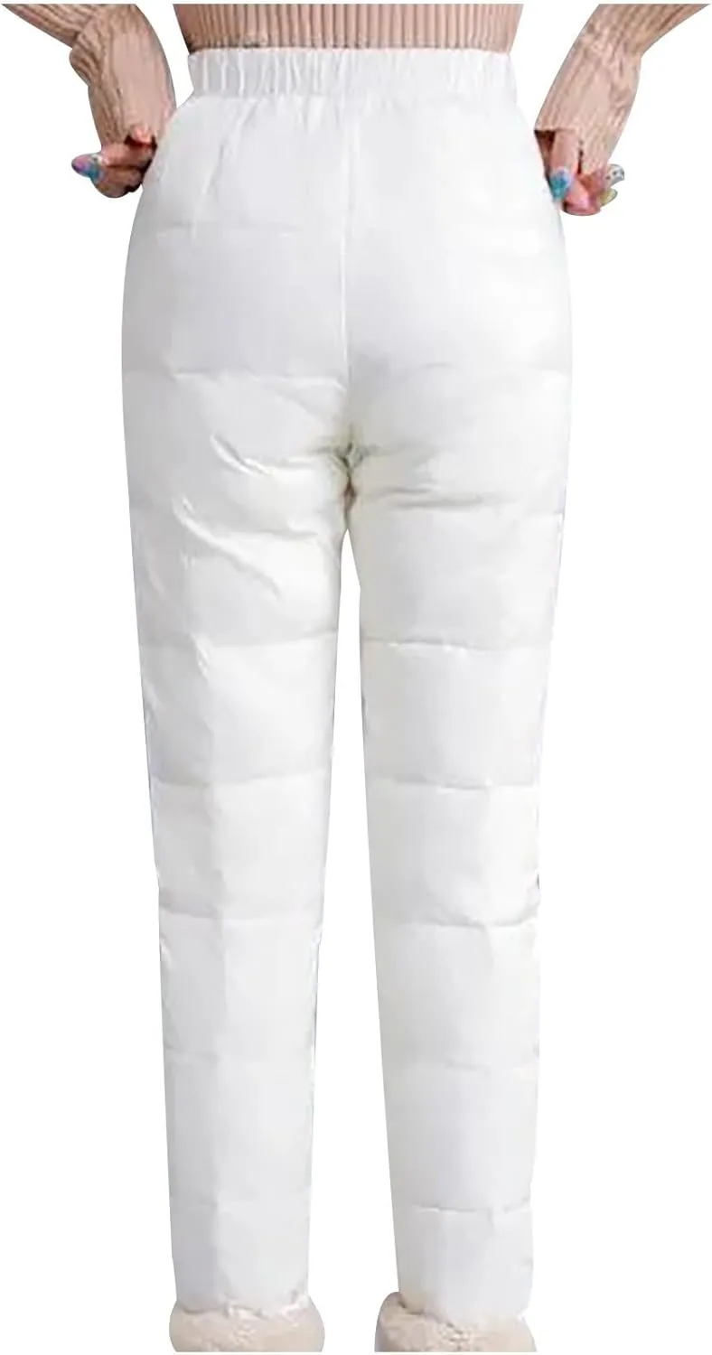 Snow Pants Womens Winter Ski Pants Thick Fleece Lined Joggers Quilted Down Puffer Trousers with Pockets