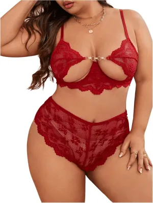 SOLY HUX Women's Plus Size Lingerie Set Floral Lace Cutout Underwire Bra and Panty Sets