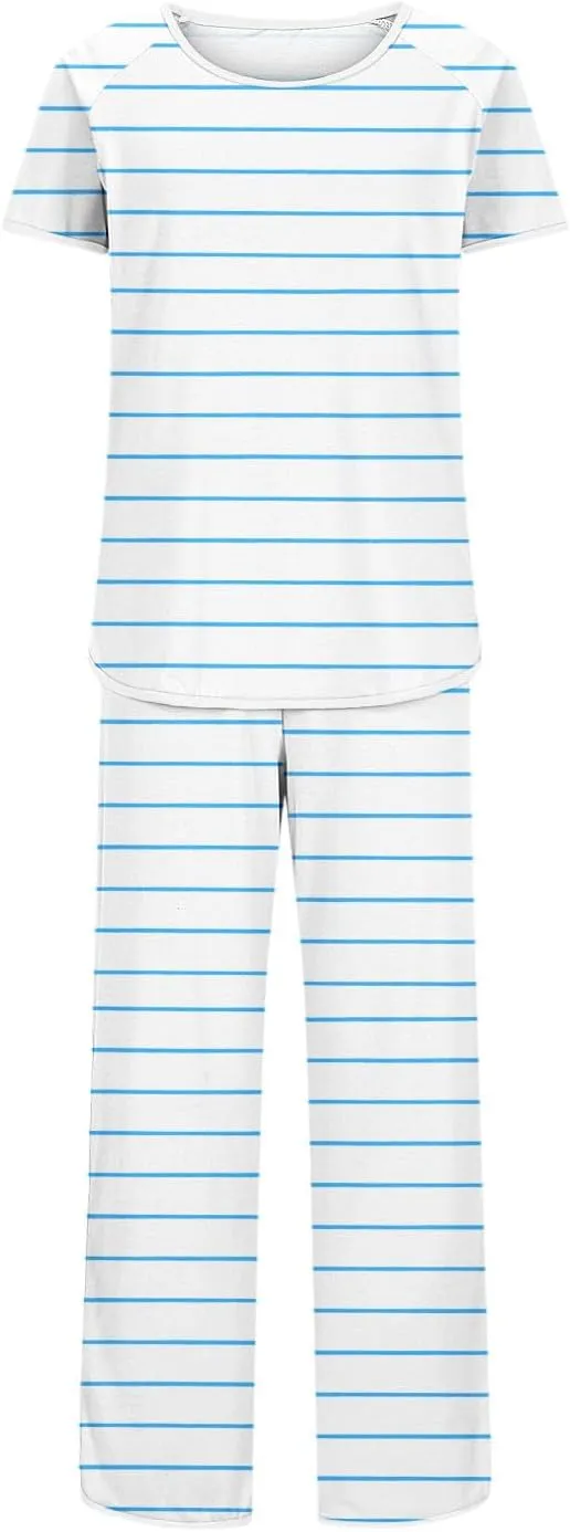 Striped Pajamas Set for Women Two-Piece Nightwear Short Sleeve Sleepwear Tops Soft Side Split Loungewear Pjs Sets