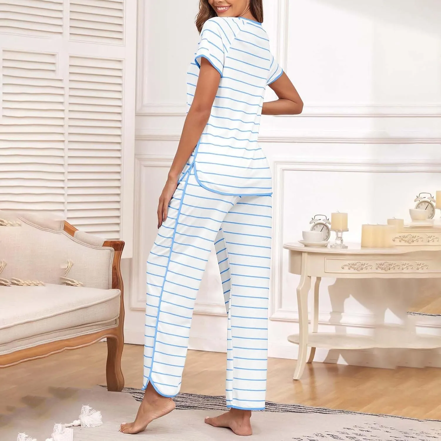 Striped Pajamas Set for Women Two-Piece Nightwear Short Sleeve Sleepwear Tops Soft Side Split Loungewear Pjs Sets