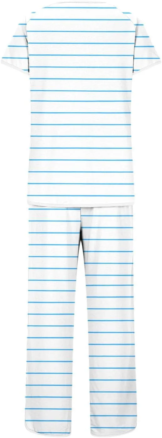 Striped Pajamas Set for Women Two-Piece Nightwear Short Sleeve Sleepwear Tops Soft Side Split Loungewear Pjs Sets