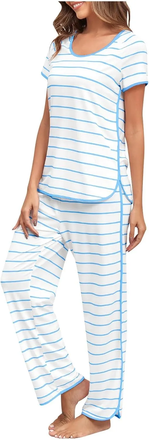 Striped Pajamas Set for Women Two-Piece Nightwear Short Sleeve Sleepwear Tops Soft Side Split Loungewear Pjs Sets