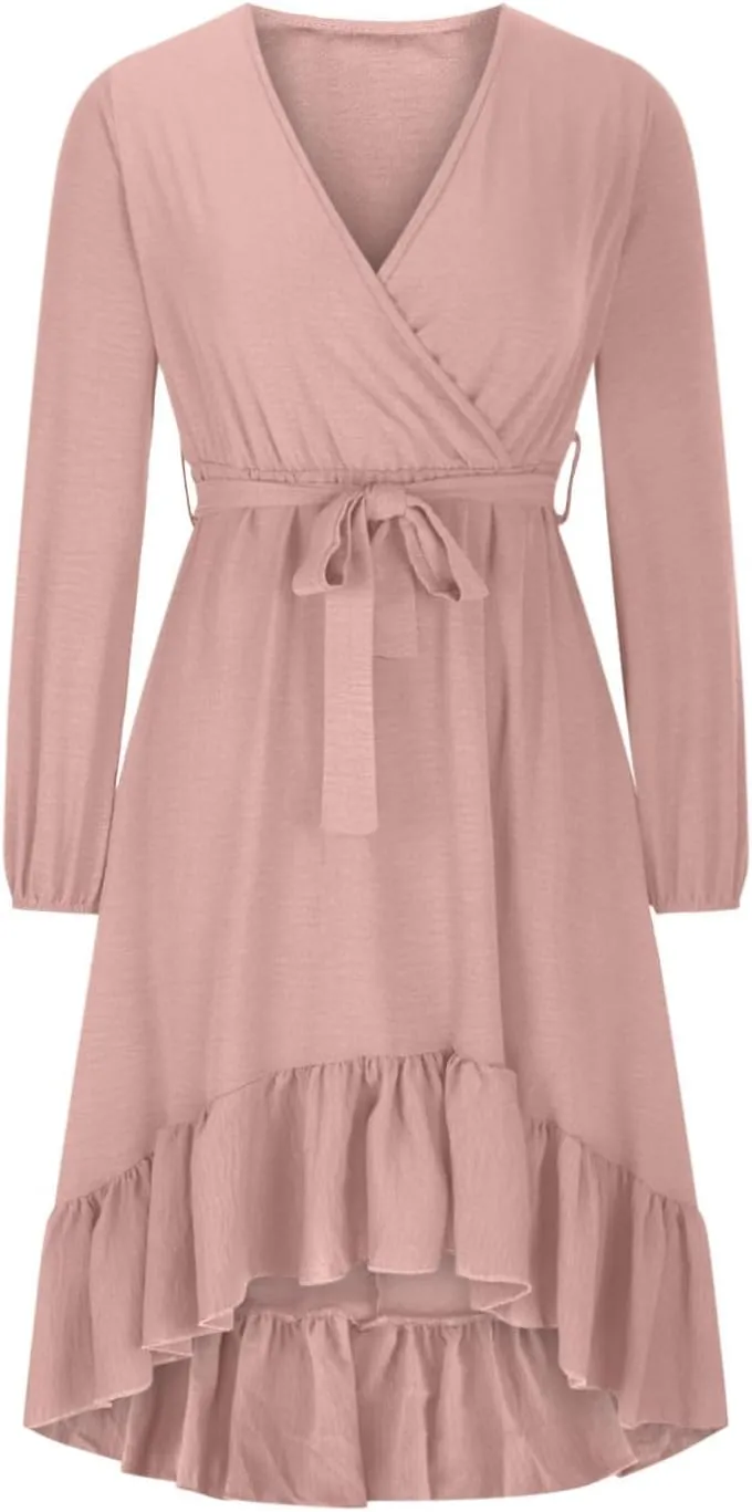 Summer Dresses for Women Elegant V Neck Long Leeve Ruffle A Line Dress Solid Color Spring Dress 2025