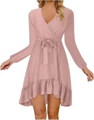 Summer Dresses for Women Elegant V Neck Long Leeve Ruffle A Line Dress Solid Color Spring Dress 2025