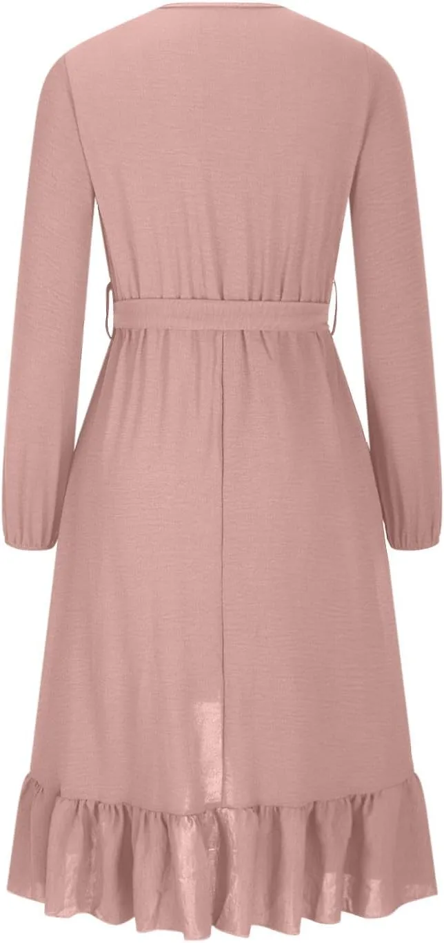 Summer Dresses for Women Elegant V Neck Long Leeve Ruffle A Line Dress Solid Color Spring Dress 2025