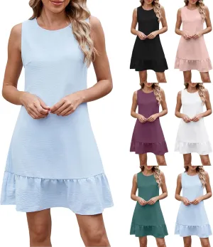 Summer Dresses for Women Sleeveless Crew Neck Sundresses Casual Beach Mini Dress Loose Fit Ruffle Hem Sun Dress