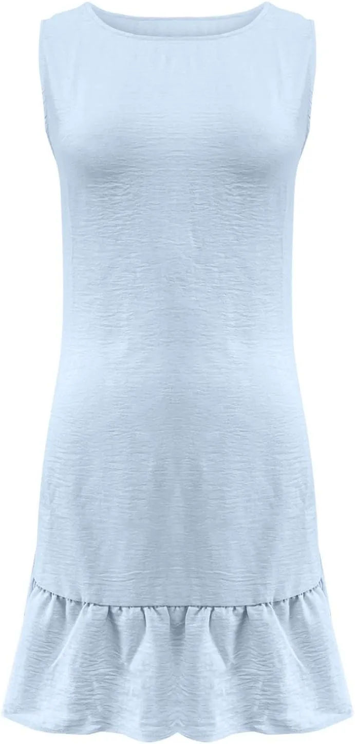 Summer Dresses for Women Sleeveless Crew Neck Sundresses Casual Beach Mini Dress Loose Fit Ruffle Hem Sun Dress