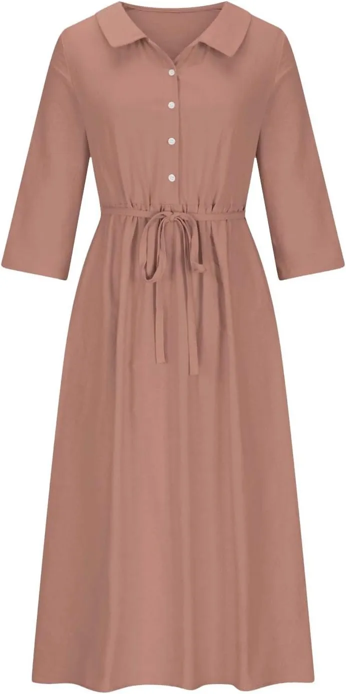Summer Maxi Dresses Women's 2025 Plus Size Cotton Linen Dress 3/4 Sleeve Long Boho Spring Clothes Casual Resort Wears