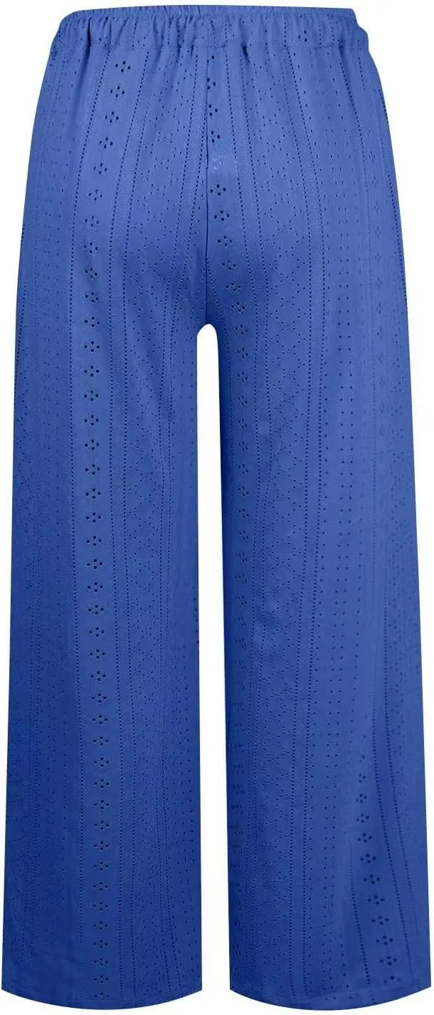 Summer Pants for Women Eyelet Linen Pants Loose Fit Straight Leg Pants Casual Elastic Waist Pants Baggy Beach Pants
