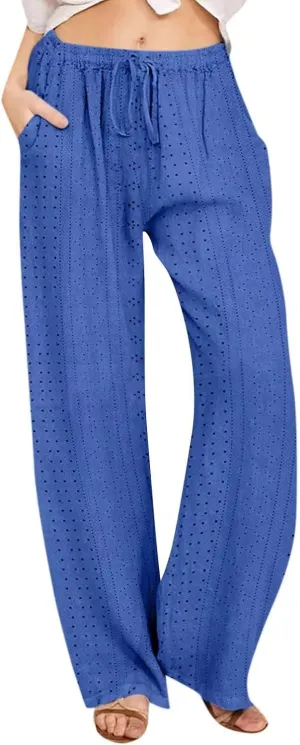 Summer Pants for Women Eyelet Linen Pants Loose Fit Straight Leg Pants Casual Elastic Waist Pants Baggy Beach Pants