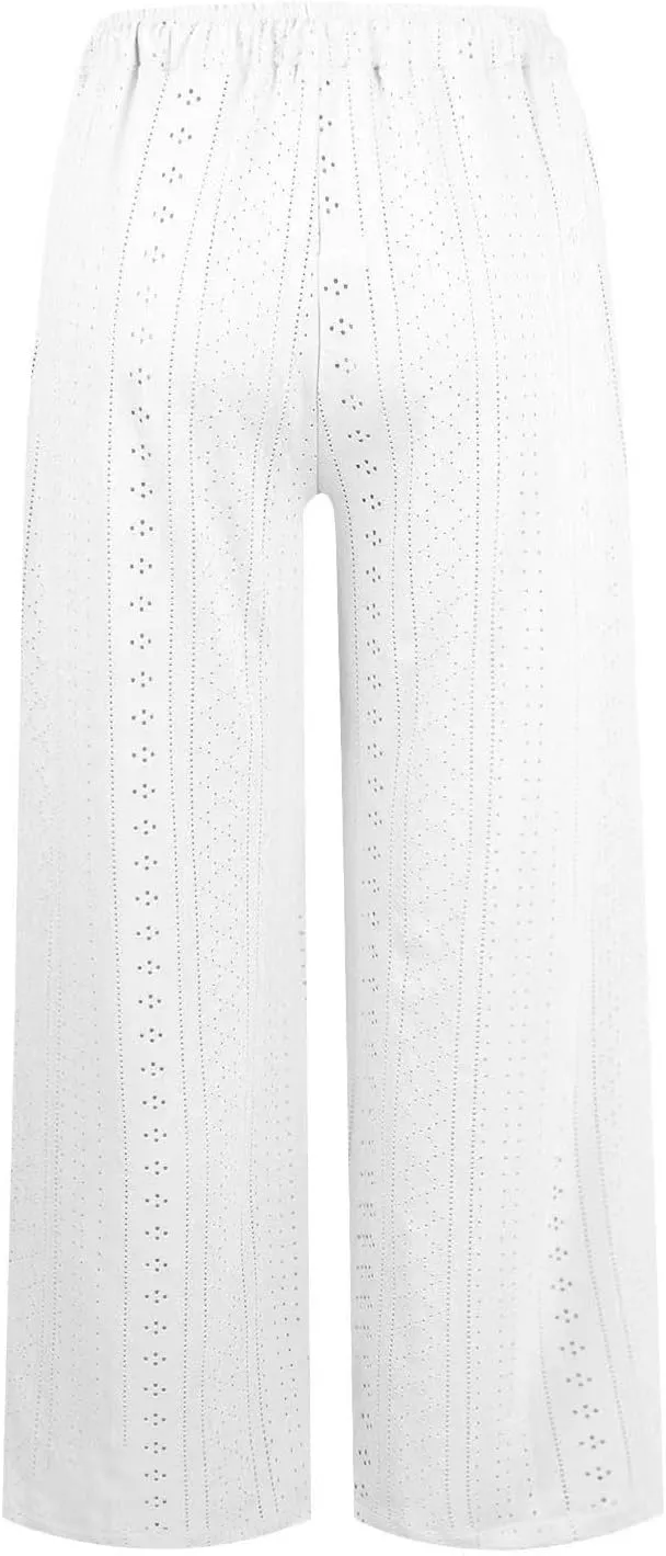 Summer Pants for Women Eyelet Linen Pants Loose Fit Straight Leg Pants Casual Elastic Waist Pants Baggy Beach Pants