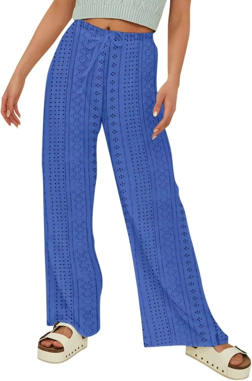 Summer Pants for Women Eyelet Linen Pants Loose Fit Straight Leg Pants Casual Elastic Waist Pants Baggy Beach Pants